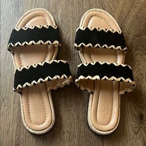 Stuart Weitzman Black and Tan Slide Sandals with Ruffled Straps